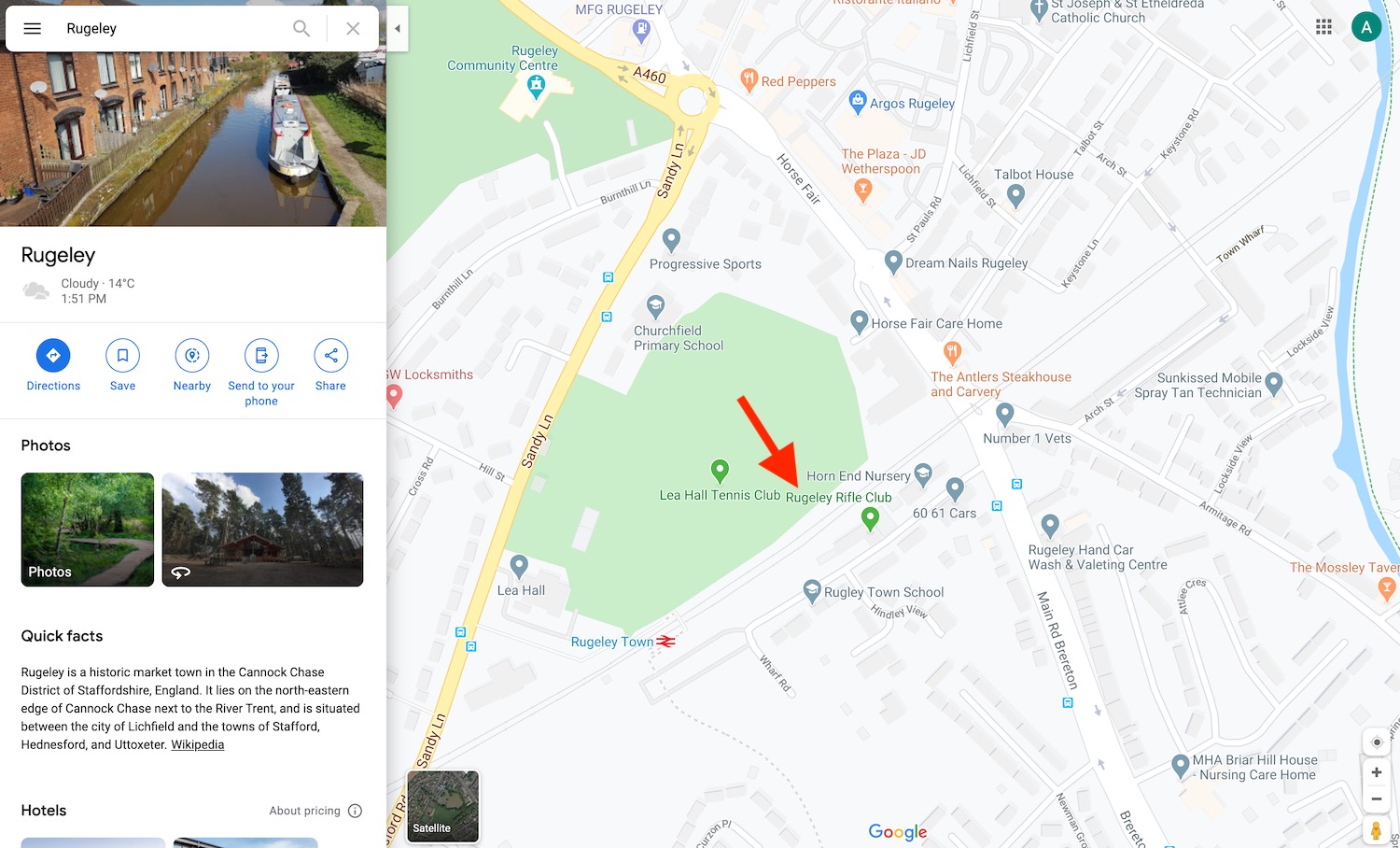 Picture of Google Maps, with a pin showing the location of a Rifle Club