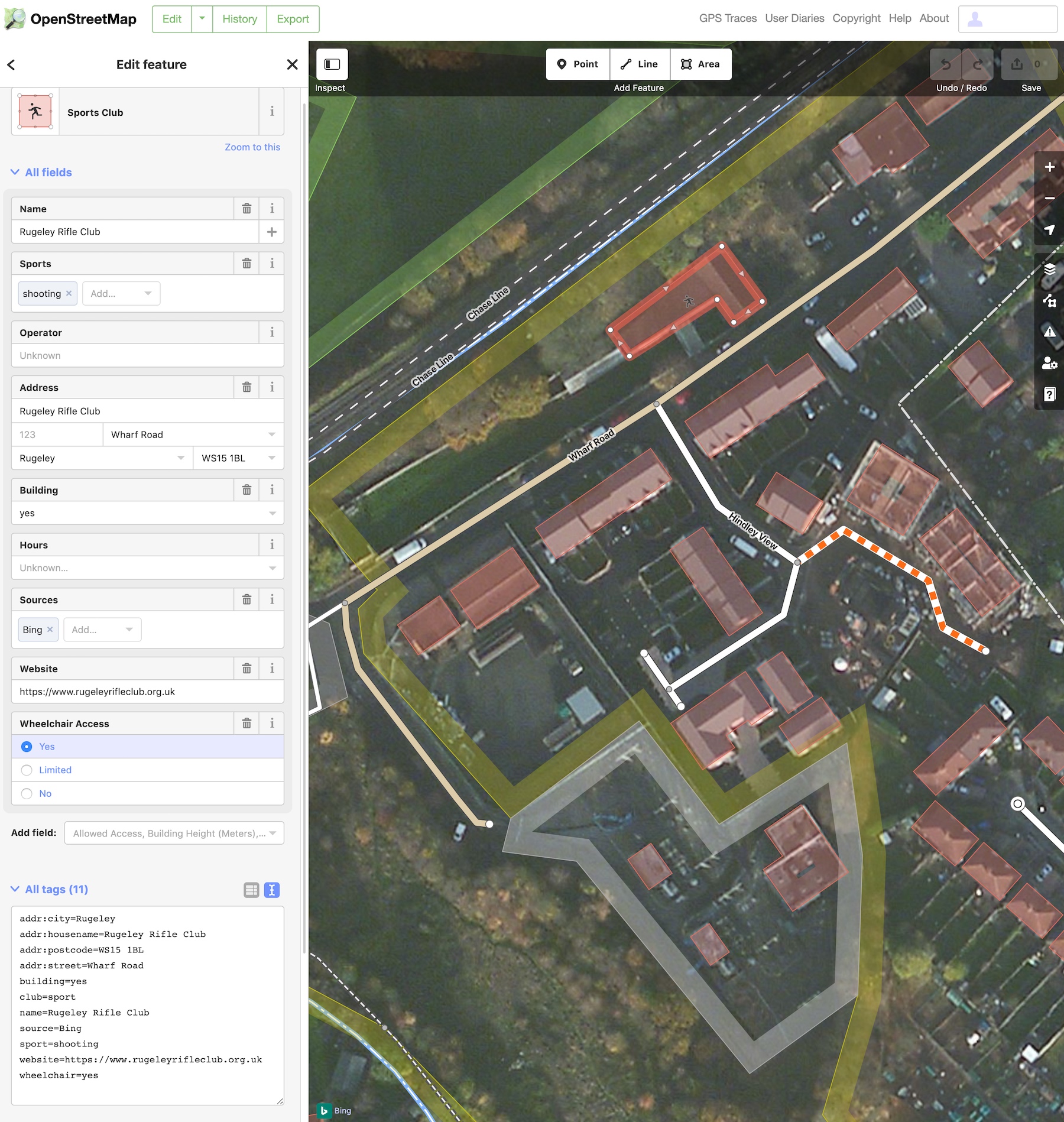 A screenshot of OpenStreetMap with a Rifle Club object open for editing