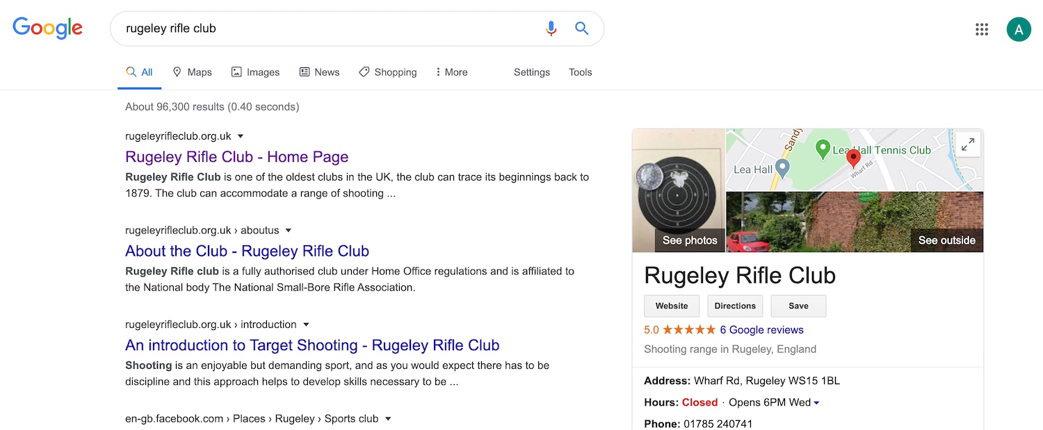 A screenshot of a Google Search result for a rifle club