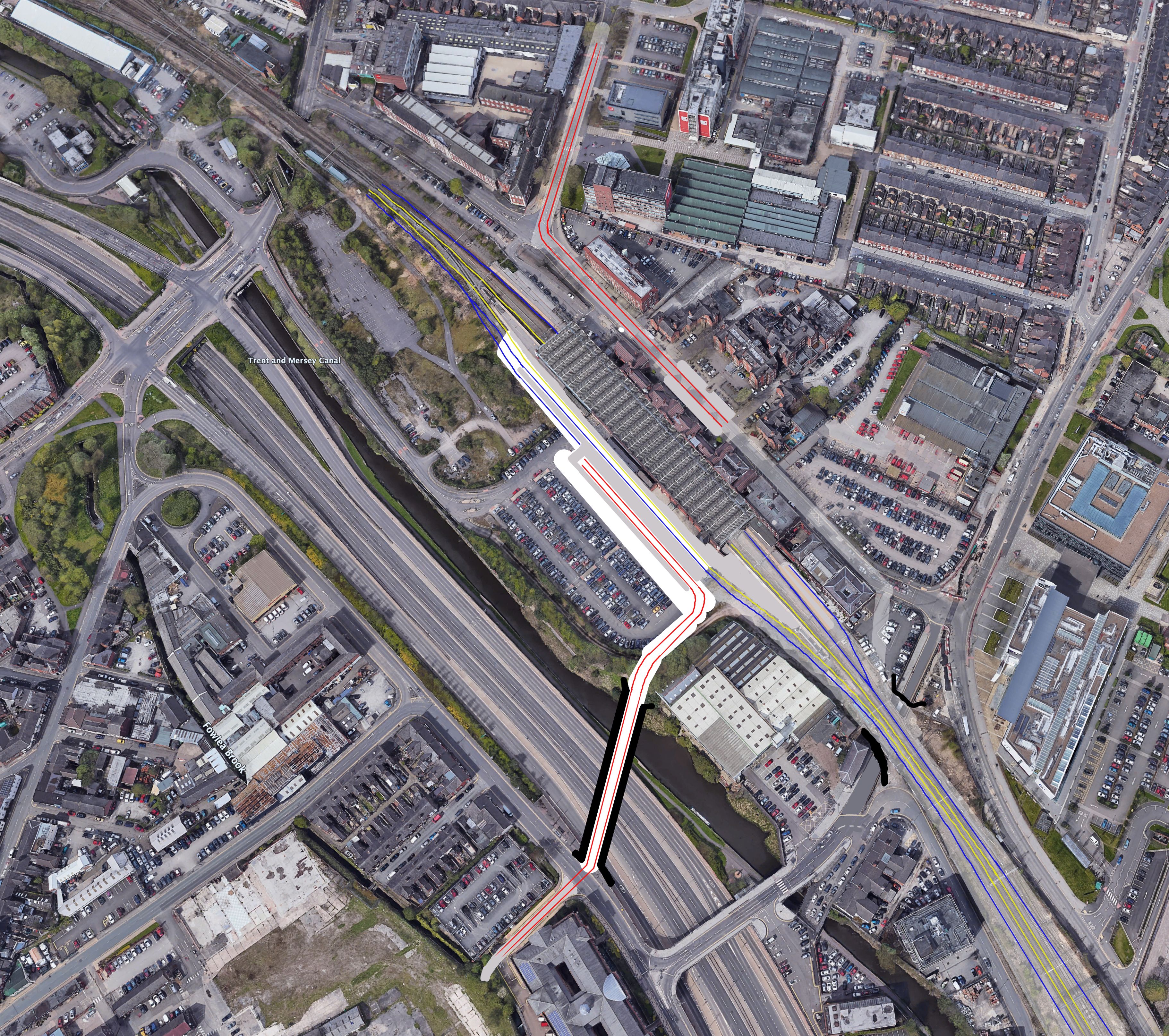 An aerial drawing of a new layout for Stoke-on-Trent station incorporating six platforms to allow local and regional services to be deconflicted from express services.