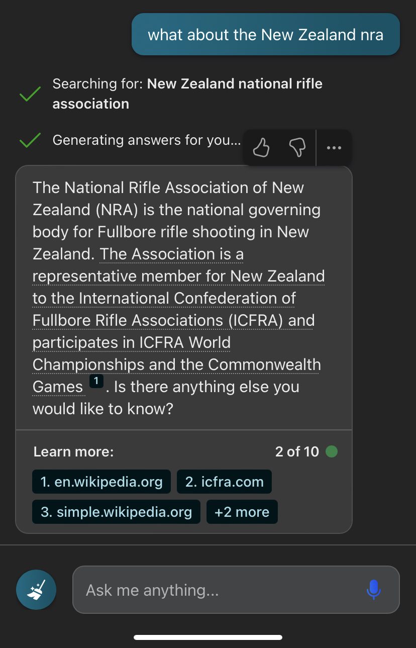 Screenshot of Bing AI repeating the first paragraph of the Wikipedia article for the NRA of New Zealand.